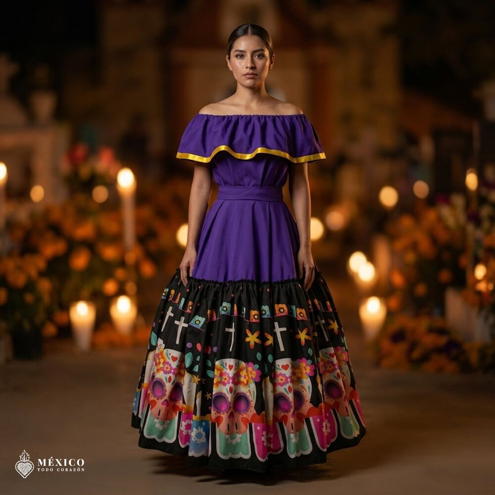 Mexican Dress Set Single Circle Skirt - Day Of The Dead & Noche De Muertos